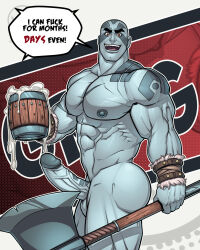 Rule 34 | 1boy, :d, abs, axe, bald, bara, battle axe, beer mug, blitzturner, blue skin, bracer, chest harness, colored skin, completely nude, critical role, cup, dungeons & dragons, dungeons &amp; dragons, english text, erection, feet out of frame, grog strongjaw, harness, head tattoo, highres, holding, holding axe, holding cup, large pectorals, looking at viewer, male focus, mature male, mug, muscular, muscular male, navel, nipples, nude, open mouth, paid reward available, pectorals, penis, scar, scar on chest, shoulder tattoo, smile, solo, stomach, tattoo, the legend of vox machina, thick eyebrows, thick thighs, thighs, uncensored, veins, veiny penis, weapon