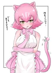Rule 34 | 1girl, animal ear fluff, animal ears, apron, arm under breasts, bad id, bad pixiv id, bare shoulders, blouse, blush, bow, bowtie, breasts, center frills, commentary, cowboy shot, fang, fang out, finger to mouth, frilled apron, frills, gloves, hair between eyes, highres, kemono friends, kemono friends 3, large breasts, looking at viewer, ngetyan, panther ears, panther tail, pantyhose, parted lips, peach panther (kemono friends), pink bow, pink bowtie, pink gloves, pink hair, pink pantyhose, ribbon, seductive smile, shirt, short hair, simple background, sleeveless, sleeveless shirt, smile, solo, tail, tail ornament, tail ribbon, thighband pantyhose, traditional bowtie, translated, waist apron, white background, white ribbon, white shirt, yellow eyes
