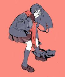 Rule 34 | 1girl, bad id, bad pixiv id, bag, black hair, coat, gloves, loafers, long hair, magomago, original, red background, red scarf, scarf, shoes, simple background, skirt, socks, solo