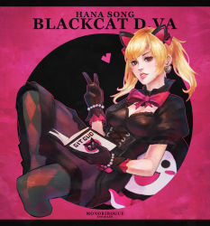 Rule 34 | 1girl, absurdres, alternate hair color, alternate hairstyle, animal ears, argyle, argyle clothes, argyle legwear, black cat d.va, black dress, black gloves, black pantyhose, book, bow, cat ears, character name, checkered clothes, checkered legwear, d.va (overwatch), dress, earrings, fake animal ears, gloves, heart, heart earrings, highres, jewelry, looking at viewer, monori rogue, official alternate costume, open book, overwatch, overwatch 1, pantyhose, parted lips, solo, v