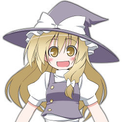 Rule 34 | 1girl, bad id, bad pixiv id, blonde hair, blush, bow, female focus, hair bow, hat, kirisame marisa, long hair, looking at viewer, open mouth, puffy short sleeves, puffy sleeves, short sleeves, simple background, solo, souto, touhou, upper body, white background, witch, witch hat, yellow eyes
