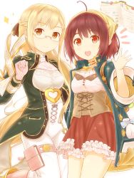 Rule 34 | +++, 2girls, :d, absurdres, ahoge, atelier (series), atelier sophie, blonde hair, blush, book, bookmark, breasts, brown eyes, brown hair, clenched hand, closed mouth, coat, corset, cowboy shot, female focus, frilled skirt, frills, glasses, glint, gloves, green coat, head tilt, heart, highres, holster, jewelry, leg up, long hair, long sleeves, medium breasts, monika ellmenreich, multiple girls, necklace, open book, open clothes, open coat, open mouth, pantyhose, pouch, red skirt, rimless eyewear, simple background, skirt, smile, sophie neuenmuller, sparkle, suzushiro (gripen39), thigh holster, very long hair, waving, white background, white legwear
