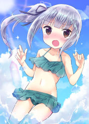 Rule 34 | 1girl, bare arms, bare shoulders, bikini, black ribbon, blue sky, blunt bangs, blush, brown eyes, cloud, collarbone, commentary request, day, fingernails, green bikini, groin, hair ribbon, hands up, k hiro, kantai collection, kasumi (kancolle), navel, nose blush, open mouth, outdoors, ribbon, side ponytail, sidelocks, silver hair, sky, solo, sun, sunlight, swimsuit, water