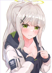 Rule 34 | 1girl, absurdres, black hood, black hoodie, blue archive, blush, breasts, closed mouth, collarbone, commentary request, cross hair ornament, green eyes, grey hair, hair ornament, hairclip, halo, hare (blue archive), highres, hood, hood down, hoodie, jacket, long hair, long sleeves, looking at viewer, muteppona hito, open clothes, open jacket, ponytail, romaji commentary, sidelocks, small breasts, solo, sweatdrop, upper body, white background, white jacket