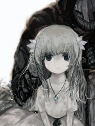 Rule 34 | 1boy, 1girl, armor, artist request, bad id, bad pixiv id, black eyes, dress, ender lilies quietus of the knights, expressionless, grey dress, grey hair, jewelry, knight, lily (ender lilies), looking at viewer, necklace, pendant, simple background, sketch, sword, umbral knight (ender lilies), upper body, weapon, wet, wet clothes, wet hair, white background