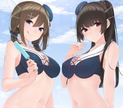 Rule 34 | 2girls, adapted costume, alternate hairstyle, beret, bikini, black hair, blue eyes, breasts, brown hair, choukai (kancolle), cleavage, commentary request, food, front-tie top, glasses, hair between eyes, hair ornament, hairclip, hat, highres, holding, holding food, kantai collection, long hair, looking at viewer, maya (kancolle), medium breasts, midriff, multiple girls, navel, pleated skirt, ponytail, popsicle, red eyes, sailor bikini, sailor collar, scrunchie, short hair, skirt, smile, swimsuit, tongue, tongue out, white skirt, x hair ornament, yukichi (sukiyaki39)