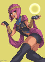 Rule 34 | 1girl, :d, artist name, blue eyes, blunt bangs, bob cut, breasts, capcom, capelet, crystal ball, dark-skinned female, dark skin, egyptian, egyptian clothes, fingerless gloves, gloves, hair ornament, highres, imdsound, menat, open mouth, orb, purple hair, short hair, simple background, smile, solo, street fighter, street fighter v, teeth, thighhighs, vambraces, yellow background