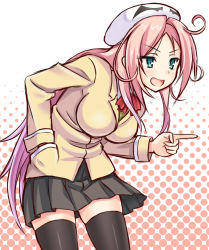 Rule 34 | 1girl, aqua eyes, black thighhighs, blazer, blush, breasts, dra+koi, female focus, hand in pocket, hat, heroine (dra+koi), jacket, large breasts, leaning forward, long hair, open mouth, pink hair, pointing, school uniform, skirt, slit pupils, smile, solo, thighhighs, violetshit