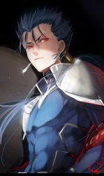 Rule 34 | 1boy, armor, blue bodysuit, blue hair, bodysuit, closed mouth, cu chulainn (fate), cu chulainn (fate/stay night), earrings, fate (series), hair slicked back, holding, holding polearm, holding weapon, jewelry, long hair, male focus, mizutame tori, pauldrons, pectorals, polearm, red eyes, shadow, shoulder armor, single hair tube, solo, upper body, weapon, weapon behind back
