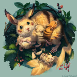 Rule 34 | alternate color, animal focus, aqua background, baby animal, berry, black eyes, character design challenge, closed eyes, closed mouth, commentary, creatures (company), cub, cuddling, diane ozdamar, electricity, english commentary, foliage, food, fruit, full body, game freak, gen 1 pokemon, green eyes, highres, holding baby, juvenile animal, leaf, litter, looking at viewer, making-of available, nest, nintendo, no humans, open mouth, pikachu, pokemon, pokemon (creature), raspberry, realistic, shiny pokemon, swedish white bean, thorns, whiskers, young animal