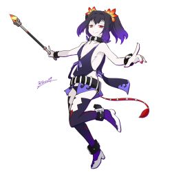 Rule 34 | 1girl, absurdres, bare shoulders, baton (weapon), belt, black neckwear, black thighhighs, bracelet, choker, flower, hair ornament, heels, highres, jewelry, mole, mole under eye, nail polish, pale skin, purple eyes, purple hair, red nails, revealing clothes, short hair, solo, symonne (tales), tales of (series), tales of zestiria, thighhighs, tubasa49, twintails, weapon