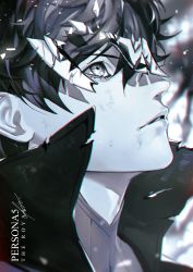 Rule 34 | 1boy, absurdres, amamiya ren, broken mask, btmr game, coat, copyright name, greyscale, hair between eyes, high collar, highres, male focus, mask, monochrome, parted lips, persona, persona 5, persona 5 the royal, portrait, shards, signature, solo, torn clothes