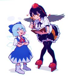 Rule 34 | 2girls, bird wings, black hair, black ribbon, black skirt, black socks, black wings, blue bow, blue dress, blue eyes, blue hair, bow, bright pupils, calligraphy brush, cirno, collared shirt, dress, frilled skirt, frills, full body, geta, hair between eyes, hair bow, hat, height difference, holding, holding brush, holding notebook, ice, ice wings, iganashi1, kneehighs, knees together feet apart, leaf print, leaning forward, long dress, looking at another, looking down, looking up, multiple girls, neck ribbon, notebook, open mouth, paintbrush, pinafore dress, puffy short sleeves, puffy sleeves, raised eyebrow, red eyes, red footwear, red ribbon, ribbon, shadow, shameimaru aya, shirt, short hair, short sleeves, simple background, skirt, sleeveless dress, smile, socks, speech bubble, tengu-geta, thighhighs, tokin hat, touhou, white background, white pupils, white shirt, wings, writing