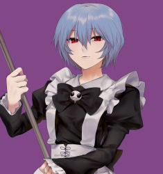 Rule 34 | 1girl, absurdres, alternate costume, ayanami rei, black bow, black bowtie, black shirt, blue hair, bow, bowtie, broom, closed mouth, crimsonknigh t, enmaided, frilled sleeves, frills, frown, hair between eyes, highres, holding, holding broom, long sleeves, looking at viewer, maid, neon genesis evangelion, purple background, red eyes, shirt, short hair, simple background, solo, upper body