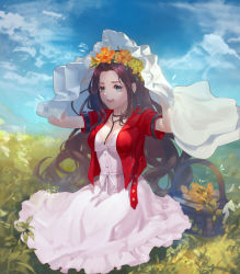 Rule 34 | 1girl, :d, absurdres, aerith gainsborough, aqua eyes, arms up, basket, blue sky, breasts, brown hair, crop top, day, dress, field, final fantasy, final fantasy vii, flower, flower basket, hair intakes, head wreath, highres, jacket, long hair, looking at viewer, on ground, open clothes, open jacket, open mouth, outdoors, peace (kgrv5733), red jacket, short sleeves, sitting, sky, smile, veil, veil lift, white dress