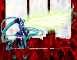 Rule 34 | 1girl, aqua hair, arm up, black thighhighs, boots, detached sleeves, energy wings, green eyes, hatsune miku, highres, kebi (sanbou), long hair, necktie, pigeon-toed, shiningray (vocaloid), single wing, solo, thigh boots, thighhighs, very long hair, vocaloid, wings