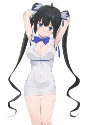 Rule 34 | 1girl, absurdres, armpits, arms up, black hair, blue eyes, blue ribbon, blush, breasts, cleavage, cleavage cutout, closed mouth, clothing cutout, commentary request, covered navel, cowboy shot, dress, dungeon ni deai wo motomeru no wa machigatteiru darou ka, gloves, hair ornament, hair ribbon, hestia (danmachi), highres, large breasts, long hair, looking at viewer, pencil dress, pomerachi, rei no himo, ribbon, simple background, smile, solo, standing, twintails, white background, white dress, white gloves