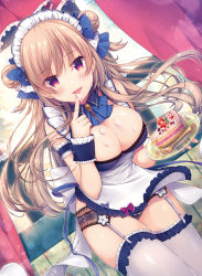 Rule 34 | 1girl, :d, apron, arm strap, azu torako, blonde hair, blue bow, blue panties, blue ribbon, blush, bow, breasts, cleavage, cowboy shot, cream, cream on body, cream on face, curtains, detached collar, dutch angle, floating hair, food, food on face, frilled apron, frilled thighhighs, frills, garter belt, hair between eyes, hair bow, highres, holding, holding plate, large breasts, leaning forward, lens flare, long hair, looking at viewer, maid, maid headdress, neck ribbon, open mouth, original, panties, plate, red eyes, ribbon, sleeveless, smile, solo, standing, thighhighs, tongue, tongue out, underwear, very long hair, waitress, white thighhighs, wing collar, wrist cuffs