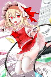 Rule 34 | 1girl, arm up, ascot, blonde hair, buttons, commentary request, crystal, fang, flandre scarlet, hair between eyes, hat, hat ribbon, laevatein, long hair, looking at viewer, miniskirt, mob cap, oouso, open mouth, puffy short sleeves, puffy sleeves, red ascot, red eyes, red ribbon, red skirt, red vest, ribbon, short sleeves, skirt, skirt set, slit pupils, smile, solo, thighhighs, touhou, vest, white thighhighs, wings, wrist cuffs
