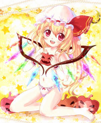 Rule 34 | 1girl, alternate costume, blonde hair, bow, bow panties, censored, convenient censoring, covering privates, covering breasts, daiso, flandre scarlet, flat chest, hat, jack-o&#039;-lantern, lace, lace-trimmed panties, lace trim, navel, open mouth, panties, panties only, red eyes, smile, solo, sparkle, star (symbol), topless, touhou, underwear, underwear only, white panties, wings