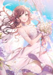 Rule 34 | 1girl, :d, bare shoulders, blue sky, bouquet, breasts, brown eyes, brown hair, cleavage, cloud, commentary, commission, day, dress, floating hair, flower, hair flower, hair ornament, hair ribbon, holding, holding bouquet, long hair, looking at viewer, medium breasts, miori celesta, open mouth, original, ozzingo, red ribbon, ribbon, sky, smile, solo, strapless, strapless dress, very long hair, virtual youtuber, white dress, white flower