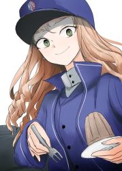Rule 34 | 1girl, blue hat, blue jacket, blue vest, brown hair, character request, closed mouth, food, fork, girls und panzer, green eyes, hat, holding, holding fork, jacket, long hair, long sleeves, looking at viewer, necro (nekurodayo), open clothes, open jacket, pudding, smile, solo, tray, vest, white background