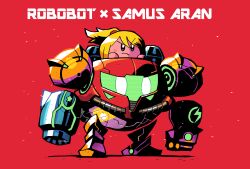 Rule 34 | absurdres, blonde hair, blue eyes, copy ability, cosplay, crossover, frown, furrowed brow, highres, kirby, kirby: planet robobot, kirby (series), mecha, metroid, nintendo, no humans, ponytail, power suit (metroid), rariatto (ganguri), red background, robobot armor, robot, samus aran, samus aran (cosplay), super smash bros., varia suit