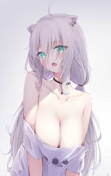 Rule 34 | 1girl, absurdres, ahoge, animal ear fluff, animal ears, aqua eyes, bare shoulders, black choker, breasts, choker, cleavage, clothes writing, collarbone, fang, grey background, grey hair, hair between eyes, highres, hololive, jewelry, kon (07263545), large breasts, lion ears, long hair, looking at viewer, low twintails, necklace, off-shoulder shirt, off shoulder, open mouth, shirt, shishiro botan, shishiro botan (casual), simple background, skin fang, solo, twintails, upper body, very long hair, virtual youtuber, white shirt