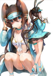 Rule 34 | 1girl, :o, amiya (arknights), animal ears, aqua choker, arknights, bare legs, baseball cap, blue eyes, blue footwear, blue jacket, blush, breasts, brown hair, closed mouth, clothes writing, collarbone, dress, ears through headwear, female focus, frilled jacket, frills, from behind, hair between eyes, hat, himonoata, hood, hood down, hooded jacket, jacket, jewelry, long sleeves, looking at viewer, looking back, multiple views, navel, open clothes, open jacket, parted lips, rabbit ears, rabbit girl, ring, sandals, simple background, small breasts, squatting, standing, thighlet, two-tone headwear, underboob, wet, white background, white dress