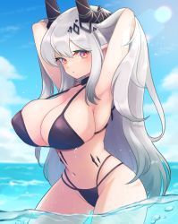 Rule 34 | 1girl, alternate costume, arknights, armpits, arms up, bikini, black bikini, blue sky, blush, breasts, cleavage, closed mouth, cloud, cloudy sky, commentary, covered erect nipples, cowboy shot, day, demon horns, expressionless, grey hair, hair ornament, hands in hair, highres, horns, infection monitor (arknights), large breasts, lens flare, long hair, looking at viewer, material growth, mooootmt, mudrock (arknights), multi-strapped bikini, navel, ocean, oripathy lesion (arknights), outdoors, pointy ears, red eyes, sky, solo, standing, stomach, string bikini, sunlight, swimsuit, very long hair, wading, wet