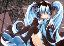 Rule 34 | 1girl, blue hair, catbell, closed eyes, detached sleeves, female focus, hatsune miku, headphones, legs, long hair, panties, ribbon, skirt, solo, striped clothes, striped panties, thighhighs, twintails, underwear, very long hair, vocaloid