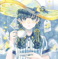 Rule 34 | 1girl, blue background, blue bow, blue eyes, blue hair, bow, braid, cup, earrings, food, fruit, hat, hat bow, hat ornament, jewelry, lemon, lemon slice, looking at viewer, original, saucer, shirt, short sleeves, striped clothes, striped shirt, teabag, teacup, twin braids, upper body, white headwear, yellow pupils, yuzor a rancia