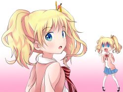 Rule 34 | 10s, 1girl, alice cartelet, blonde hair, blue eyes, cardigan, kin-iro mosaic, looking back, multiple views, nagatsuka tyh, open mouth, school uniform, shirt, shoes, shouting, skirt, thighhighs, twintails, white thighhighs