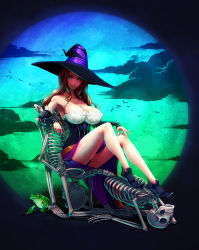 Rule 34 | 1girl, bare shoulders, breasts, chair, cleavage, dragon&#039;s crown, dress, frog, hat, highres, julia lichty, large breasts, long hair, side slit, skeleton, sorceress (dragon&#039;s crown), strapless, strapless dress, witch hat