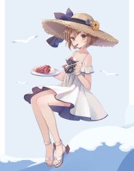 Rule 34 | 1girl, alternate costume, bird, brown eyes, brown hair, collarbone, commentary request, curry, curry rice, dress, emia wang, flat chest, flower, food, full body, hat, headgear, headset, kantai collection, mouth hold, toeless footwear, rice, sandals, seagull, short hair, sitting, sleeveless, sleeveless dress, solo, speaking tube headset, spoon, straw hat, sun hat, sundress, sunflower, waves, white dress, yukikaze (kancolle)