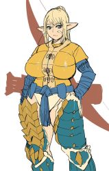 Rule 34 | 1girl, aqua eyes, blonde hair, bow (weapon), breasts, cleavage, elf-san wa yaserarenai., elfuda (elf-san wa yaserarenai.), large breasts, long hair, looking at viewer, monster hunter (series), monster hunter rise, plump, pointy ears, ponytail, simple background, solo, standing, synecdoche, thick thighs, thighs, weapon, white background, wide hips, zinogre (armor)