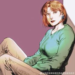 1girl absurdres against_wall animification blue_eyes borderline7839 breasts brown_pants chinese_commentary commentary earrings expressionless family_guy green_sweater highres jewelry lois_griffin mature_eyes mature_female medium_breasts orange_hair pants red_lips sitting solo sweater weibo_logo weibo_watermark