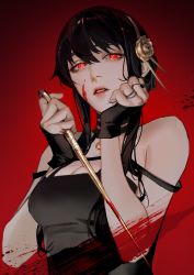 Rule 34 | 1girl, absurdres, black dress, black hair, blood, blood on face, dagger, dress, gold hairband, hairband, highres, holding, holding dagger, holding knife, holding weapon, knife, limart, long hair, looking at viewer, red background, red eyes, solo, spy x family, weapon, yor briar