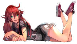 Rule 34 | 1girl, green eyes, guilty gear, guilty gear strive, hair between eyes, hinoru saikusa, jack-o&#039; valentine, looking at viewer, multicolored hair, red hair, shoes, simple background, sneakers, solo, white background, white hair