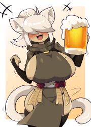 Rule 34 | 1girl, alcohol, animal ears, beer, beer mug, black thighhighs, blush, breasts, bridal gauntlets, cat ears, cat girl, cat tail, cup, curvy, daigada, dark-skinned female, dark skin, garter straps, gradient background, hair over eyes, happy, highres, holding, holding cup, huge breasts, mole, mole on breast, mug, narrow waist, open mouth, original, panty straps, pelvic curtain, ponytail, scarf, sideboob, simple background, smile, swept bangs, tail, thighhighs, white hair, wide hips