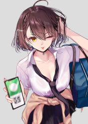 Rule 34 | 1girl, ;p, ahoge, arm up, azur lane, bag, baltimore (after-school ace) (azur lane), baltimore (azur lane), beige cardigan, black choker, black necktie, black skirt, braid, breasts, brown hair, cardigan, cardigan around waist, cellphone, choker, cleavage, clothes around waist, collarbone, collared shirt, commentary request, cowboy shot, french braid, grey background, hair between eyes, hair ornament, hairclip, hand in own hair, holding, holding phone, large breasts, looking at viewer, loose necktie, necktie, official alternate costume, one eye closed, partial commentary, partially unbuttoned, phone, pleated skirt, school bag, school uniform, schreibe shura, shirt, short hair, short sleeves, sidelocks, simple background, skirt, smartphone, smile, solo, standing, tongue, tongue out, white shirt, yellow eyes