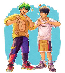 Rule 34 | 2boys, alternate costume, animal print, black hair, blue background, boku no hero academia, clothes writing, commentary, crossover, double v, english commentary, full body, green eyes, green hair, habkart, heart, heart hands, highres, kageyama shigeo, looking at another, looking at viewer, male focus, midoriya izuku, mob psycho 100, multiple boys, open mouth, pants, print shirt, red footwear, shirt, shoes, short hair, short sleeves, shorts, simple background, smile, sneakers, socks, sparkle, standing, t-shirt, v, white shirt, white socks, yellow shirt