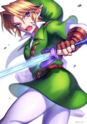 Rule 34 | 1boy, blonde hair, blue eyes, earrings, fingerless gloves, gloves, holding, holding sword, holding weapon, jewelry, link, loz 017, male focus, nintendo, open mouth, pantyhose, pointy ears, solo, sword, the legend of zelda, the legend of zelda: ocarina of time, weapon
