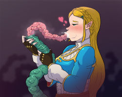 Rule 34 | 1girl, 1other, blonde hair, cum, cum in mouth, fellatio, fingerless gloves, gloves, heart, monster, nintendo, oral, pointy ears, princess zelda, purugame, tentacles, the legend of zelda, the legend of zelda: breath of the wild