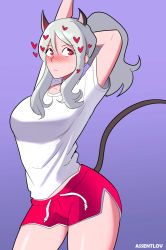 Rule 34 | 1girl, artist name, assentlov, blush, breasts, demon girl, demon horns, demon tail, heart, heart-shaped pupils, helltaker, horns, large breasts, long hair, modeus (helltaker), ponytail, red eyes, red shorts, shirt, short sleeves, shorts, simple background, solo, stretching, symbol-shaped pupils, tail, thighs, white background, white shirt