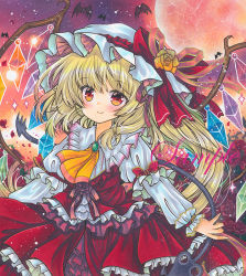 Rule 34 | 1girl, ascot, bat (animal), blonde hair, brooch, closed mouth, cowboy shot, crystal, flandre scarlet, flower, frilled shirt collar, frilled skirt, frilled sleeves, frills, green brooch, hat, hat ribbon, head tilt, jewelry, juliet sleeves, laevatein (touhou), long hair, long sleeves, looking at viewer, marker (medium), mob cap, moon, orange ascot, outdoors, puffy sleeves, purple background, purple flower, purple rose, red eyes, red flower, red moon, red ribbon, red rose, red skirt, red vest, ribbon, rose, rui (sugar3), sample watermark, shirt, side ponytail, skirt, sleeve ribbon, smile, solo, touhou, traditional media, vest, watermark, white hat, white shirt, wings, yellow flower, yellow rose