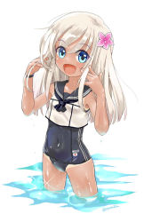 Rule 34 | 10s, 1girl, :d, blue eyes, blush, crop top, flower, hair flower, hair ornament, in water, kantai collection, long hair, looking at viewer, neckerchief, one-piece swimsuit, open mouth, partially submerged, ro-500 (kancolle), rori chuushin, school swimsuit, school uniform, serafuku, shiny clothes, simple background, smile, solo, swimsuit, tan, tanline, wading, wet, wet clothes, white background, white hair