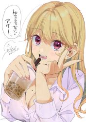 Rule 34 | 1girl, :d, blonde hair, blush, breasts, bubble tea, cleavage, collared shirt, cup, dated, disposable cup, ear piercing, earrings, geshumaro, highres, holding, jewelry, long hair, looking at viewer, mole, mole on breast, open mouth, original, piercing, pink eyes, purple shirt, shirt, signature, simple background, smile, solo, stud earrings, translation request, upper body, v, white background, wing collar