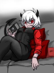 Rule 34 | 1girl, annoyed, black horns, black nails, black vest, couch, demon, demon girl, demon horns, demon tail, helltaker, highres, holding, horns, looking at viewer, malina (helltaker), nintendo switch, on couch, pillow, ramasan, red eyes, red shirt, shirt, tail, vest, white hair
