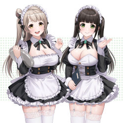 Rule 34 | 2girls, alternate costume, apron, black hair, black ribbon, blunt bangs, blush, breasts, cleavage, closed mouth, commentary, commission, cowboy shot, crossover, enmaided, garter straps, gochuumon wa usagi desu ka?, green eyes, hair ribbon, hands up, highres, holding, holding plate, large breasts, light brown hair, long hair, long sleeves, looking at viewer, love live!, love live! school idol project, maid, maid apron, maid headdress, minami kotori, miniskirt, multiple girls, one side up, open mouth, parted bangs, pixiv commission, plate, polka dot, polka dot background, ribbon, skirt, smile, teeth, thighhighs, twintails, ujimatsu chiya, upper teeth only, utamo (utautamomo), white legwear